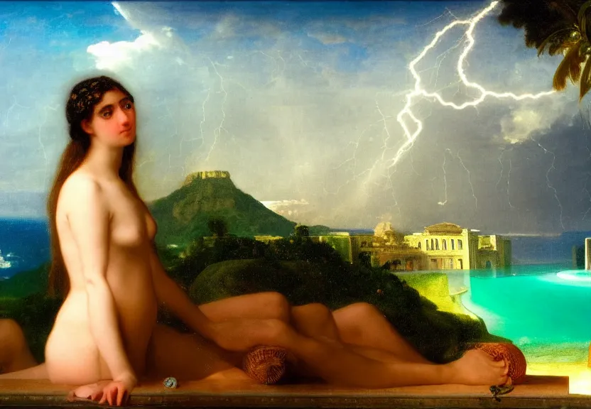 Image similar to Girl at the palace, refracted sparkles, thunderstorm, greek pool, beach and Tropical vegetation on the background major arcana sky, by paul delaroche, hyperrealistic 4k uhd, award-winning, very very very detailed