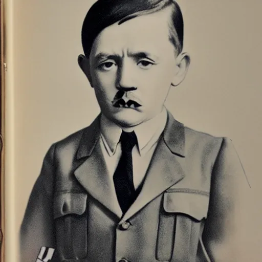 Prompt: adolf hitler as a little child in a school uniform carrying books, toothbrush mustache, white background, full color digital art