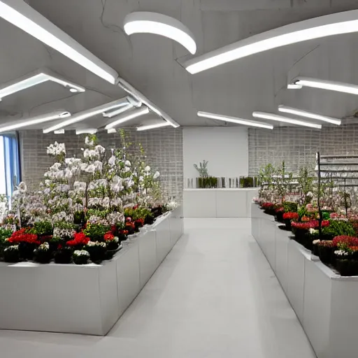 Prompt: flower shop design by white science labotory, made of stainless steel