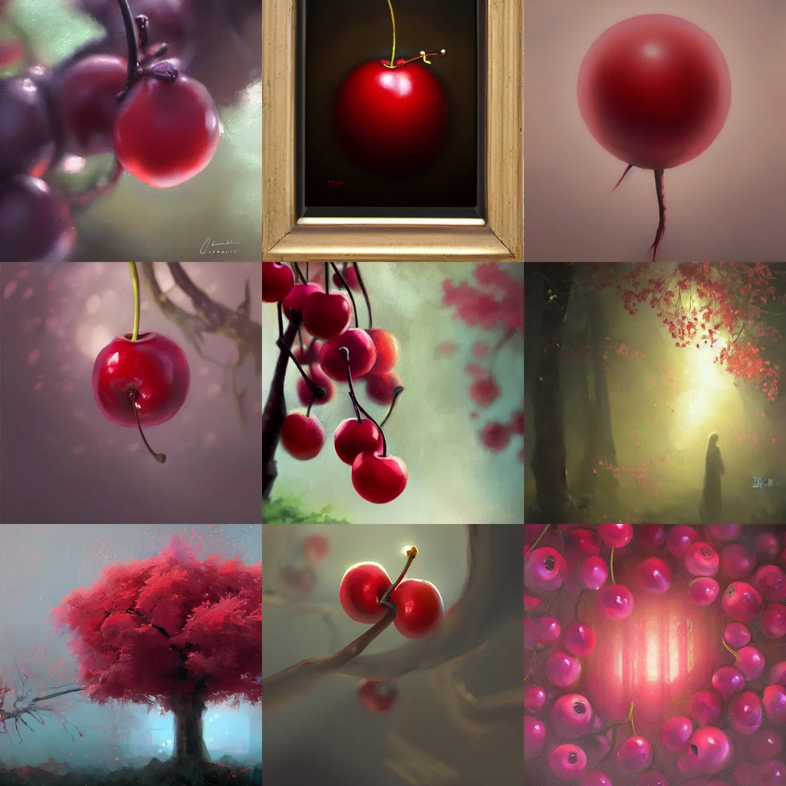 Prompt: beautiful aesthetic inspirational digital oil painting of a close - up cherry, by greg rutkowski, trending on artstation, volumetric light.