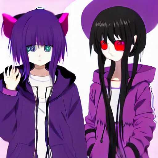 Image similar to two girls, a girl with short white hair and polar bear ears wearing an open black coat, another girl with long black hair wearinga purple hoodie with red eyes, anime key visual art, anime artystyle