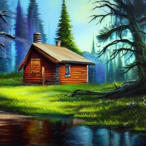 Image similar to a painting of a cabin in the woods, an airbrush painting by bob ross, deviantart, american scene painting, matte drawing, bob ross, matte painting