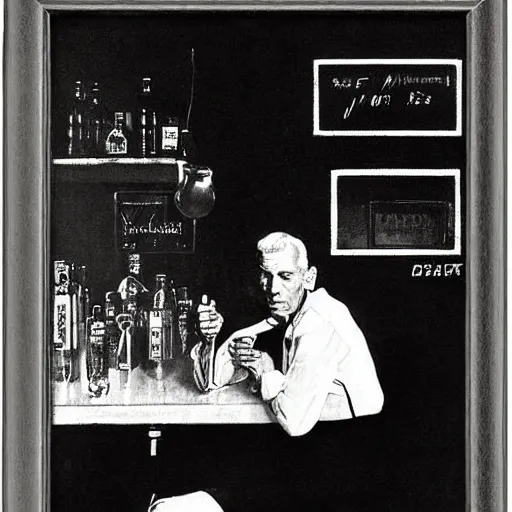 Image similar to a portrait of a man in the 1 9 6 0 s drinking alone in a bar late at night, black and white monochrome, by norman rockwell