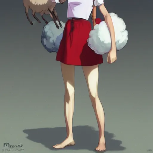 Image similar to girl in sheep suit, artwork made by makoto shinkai, inspired in hirohiko araki, clean details, light color palette, anatomically proportional, hd