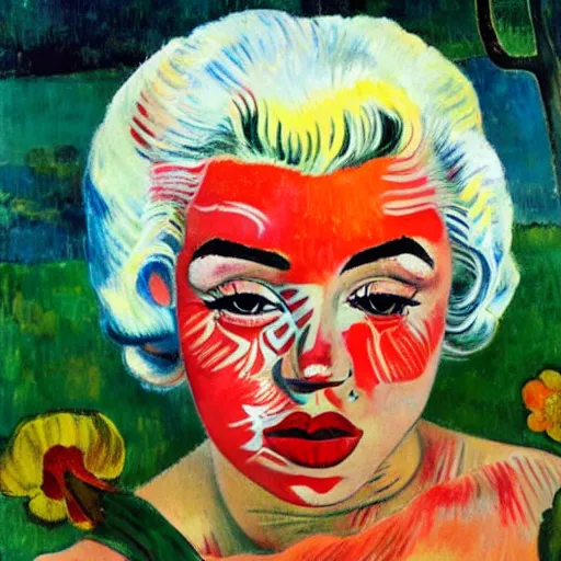 Image similar to Girl in flowers, red lipstick on her face, ugly look, Gauguin style, the appearance of Marilyn Monroe