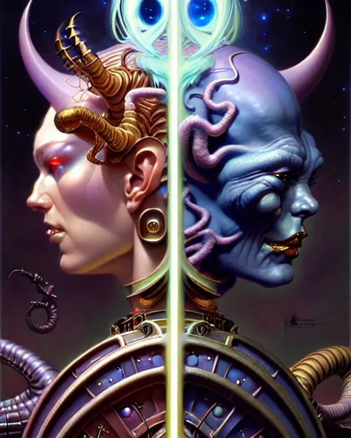 Image similar to beautiful gemini good and evil fantasy character portrait, ultra realistic, wide angle, intricate details, the fifth element artifacts, highly detailed by peter mohrbacher, hajime sorayama, wayne barlowe, boris vallejo, aaron horkey, gaston bussiere, craig mullins