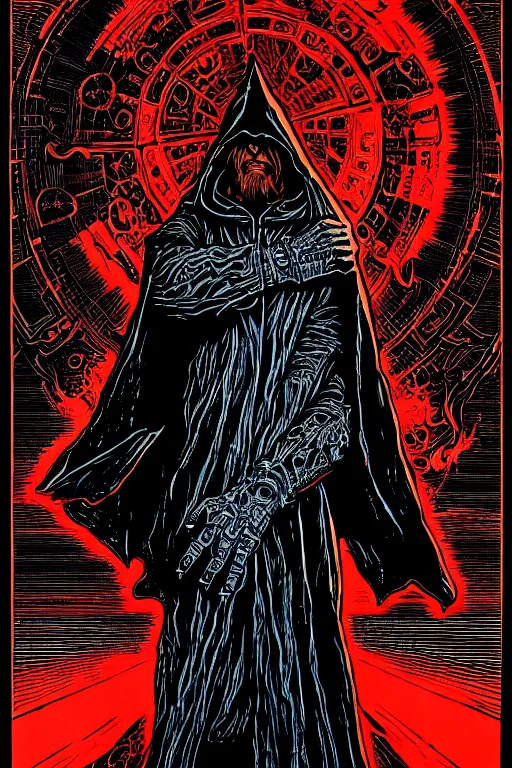 Image similar to wizard in a hooded cloak holding a vile, high details, intricately detailed, by vincent di fate, inking, 3 color screen print, masterpiece, trending on artstation,, sharp, details, hyper - detailed, hd, 4 k, 8 k