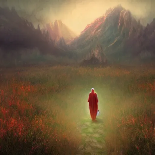 Prompt: Old prophet wandering about a haunted meadow, Fantasy Realm, Distant mountains, Digital Art, 4k