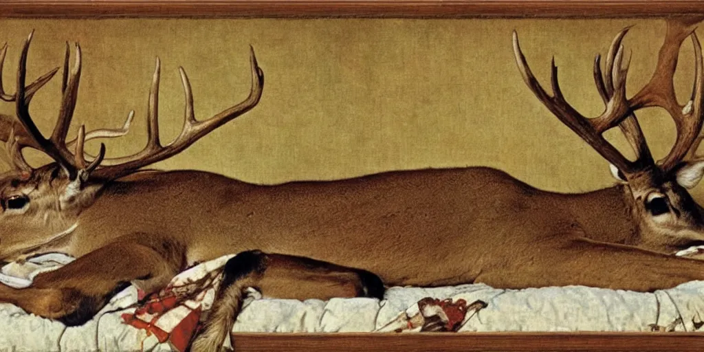 Image similar to deer with antlers sleeping on a cot, norman rockwell