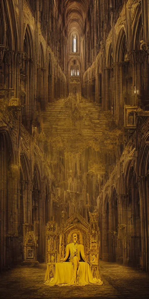 Prompt: a tall pale humanoid being sitting upon an ornate stone throne, 4K, digital art, horror, dramatic, wearing a long yellow rotting garment, dark, hyperrealistic, perspective, complex (((dark))) cathedral background with volumetric lights coming in through cathedral windows, dark background, highlights,