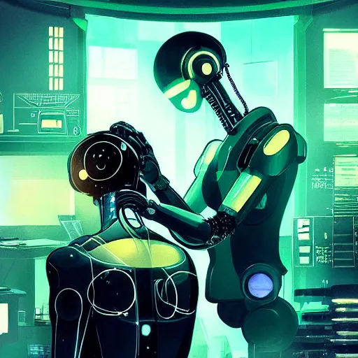 Image similar to cyberpunk robot repairing an android in a lab, concept art, fine details, Anime, cinematic lighting, ghost-in-the-shell,