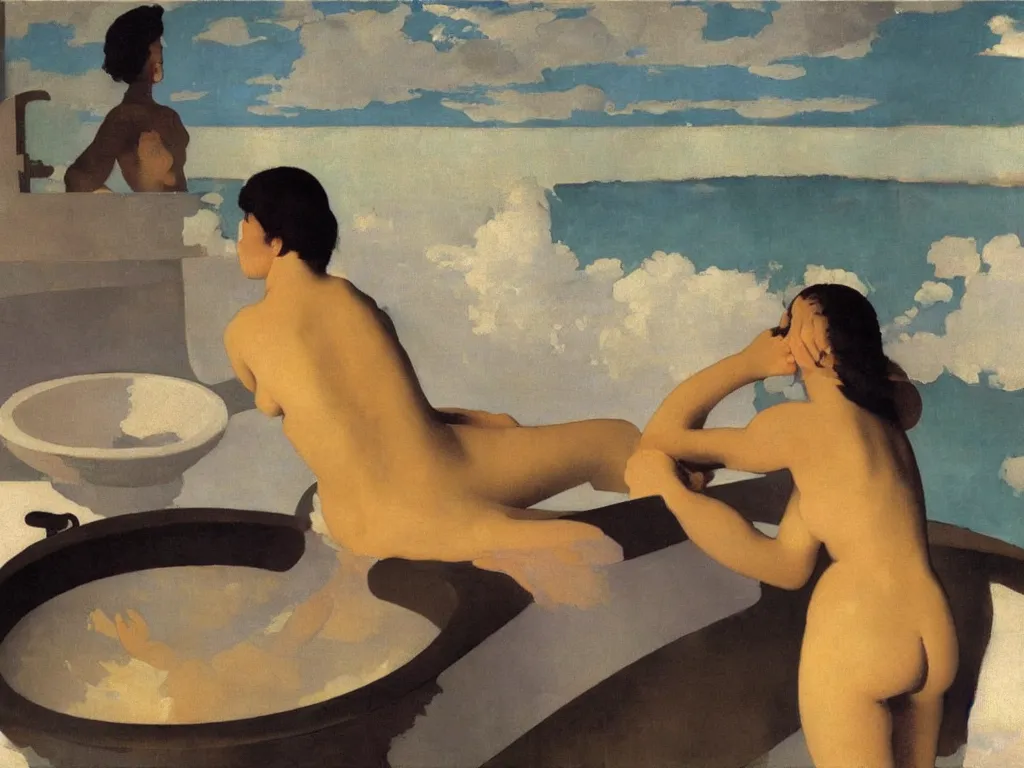 Prompt: Beautiful woman taking a bath alone in a strange, giant ceramic basin sculpted by Henri Moore. Afternoon light, thunderstorm, crane. Painting by Titian, Felix Vallotton