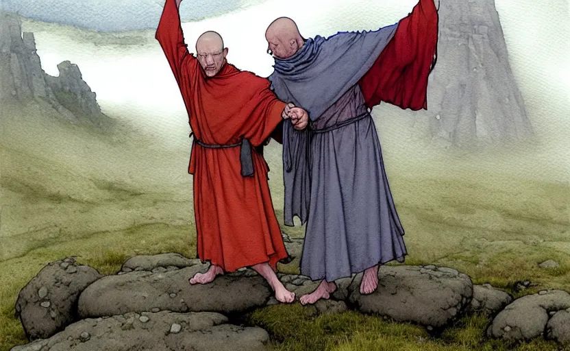 Prompt: a hyperrealist watercolour character concept art portrait of small grey medieval monks holding their hands in the air. a giant flat rock floats in the air above him. it is a misty night on the moors of ireland. by rebecca guay, michael kaluta, charles vess and jean moebius giraud