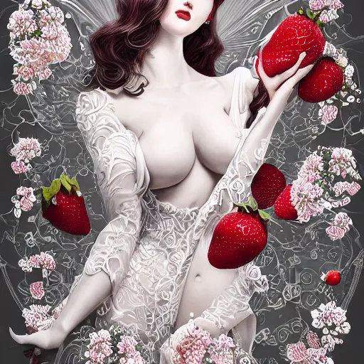 Image similar to the portrait of an absurdly beautiful, graceful, elegant, sophisticated, fashionable young gravure idol made of strawberries and white petals, an ultrafine hyperdetailed illustration by kim jung gi, irakli nadar, intricate linework, bright colors, octopath traveler, final fantasy, unreal engine 5 highly rendered, global illumination, radiant light, detailed and intricate environment