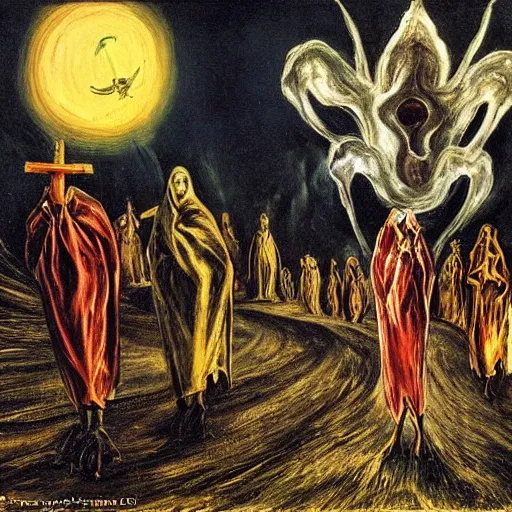 Prompt: A A Holy Week procession of souls in a Spanish landscape at night by El Greco, Remedios Varo y Salvador Dali.