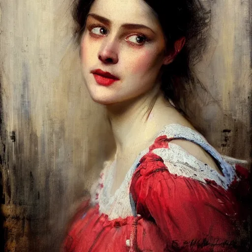 Image similar to Solomon Joseph Solomon and Richard Schmid and Jeremy Lipking victorian genre painting portrait painting of a happy young beautiful woman traditional german french actress model old west character in fantasy costume, red background