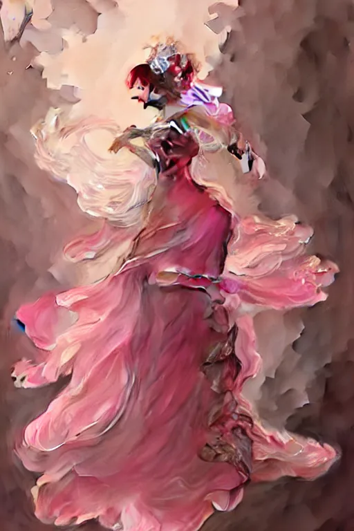 Prompt: woman dressed in a vaporous wrapped large victorian pink roses silk semi-transparent dress fashion is running, D&D, fantasy, intricate, elegant, highly detailed, digital painting, artstation, concept art, matte, sharp focus, illustration, art by Artgerm and Greg Rutkowski and Alphonse Mucha