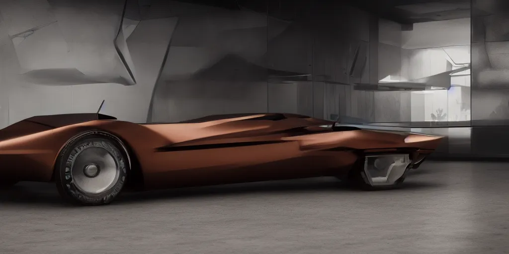 Image similar to a design of a futuristic Corvette C2 1969, designed by Polestar, blade runner background, stained antique copper car paint, black windows, dark show room, dramatic lighting, hyper realistic render, depth of field