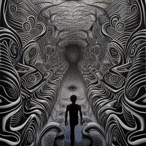 Prompt: a breathtaking 8 k resolution matte painting of a black boy lost inside an endless hall of mirrors, in a symboloic and meaningful style, by m. c. escher and alex grey and android jones