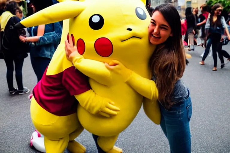 Image similar to a young woman is hugging a life size pikachu