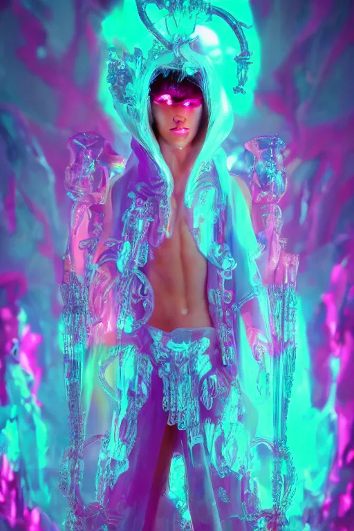 Image similar to photo of fullbody rococo and cyberpunk delicate neon crystalline sculpture of seductive muscular onyx albino marble royal zayn malik teal iridescent humanoid deity wearing hotpink plastic hooded cloak holding an onyx skull in a ruby space dungeon, reclining, glowing orange face, crown of white skulls, cinematic lighting, photorealistic, octane render 8 k depth of field 3 d
