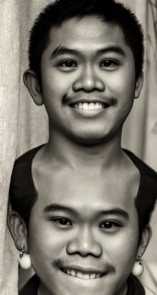 Image similar to close up photograph of just one single fat filipino teenage man smiling with crooked teeth, a curly perm, peach fuzz mustache, small studded earings, 4 k, photorealistic, high detail by yousuf karsh