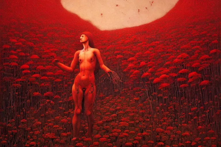 Image similar to only with red, red flowers of different types, a red tiger, a castle in the background, medieval demons dance over the flowers, an ancient path, in the style of beksinski, part by hopper, part by rodcenko, part by hofbauer, intricate composition, red by caravaggio, insanely quality, highly detailed, masterpiece, red light, artstation