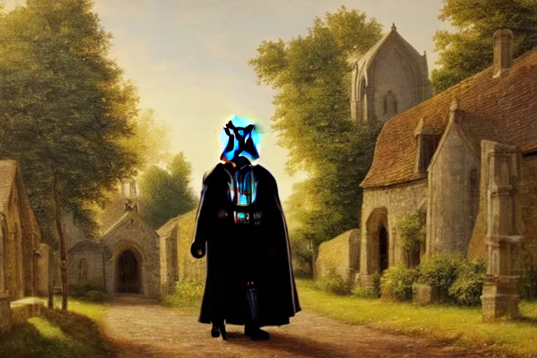 Prompt: a detailed oil painting of darth vader leaving a medieval church in a quaint english village, churchyard, trees, golden hour