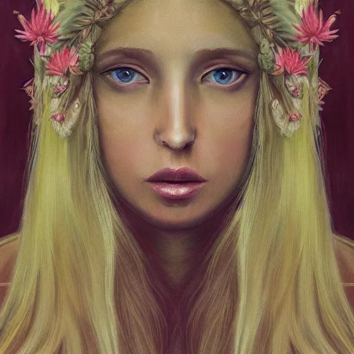 Image similar to a symmetrical portrait of a blonde woman with plants in hair, oil painting, pale colors, high detail, 8 k, wide angle, trending on artstation,