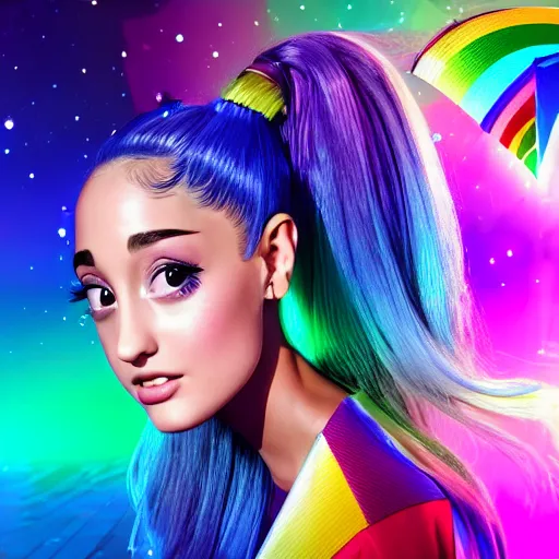 Prompt: 35mm macro shot portrait of an extremely cute and adorable Prismatic Spectrum Cosmic Magical Girl Ariana Grande from the Rainbow Sky Paradise playing Dance Dance Revolution at Eurovision and Tomorrowland, , large wide-set piercing eyes, smirk, ambient occlusion, DAZ, cinematic lighting, 3D render, unreal engine 5, professional graflex photograph by artgerm