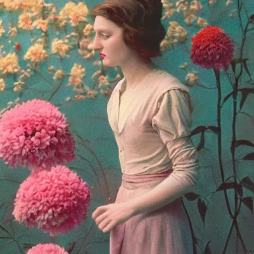 Image similar to a lot of flowers morphing in a beautiful girls face, film still by wes anderson, depicted by balthus, limited color palette, very intricate, art nouveau, highly detailed, lights by hopper, soft pastel colors, minimalist