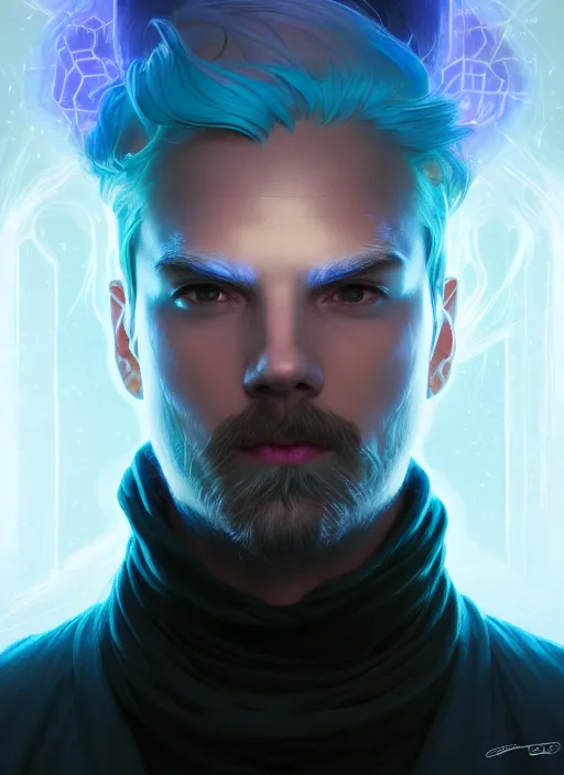 Image similar to symmetry!! portrait of man wearing winter clothes with long flaming blue hair, sci - fi, glowing lights!! intricate, elegant, highly detailed, digital painting, artstation, concept art, smooth, sharp focus, illustration, art by artgerm and greg rutkowski and alphonse mucha, 8 k