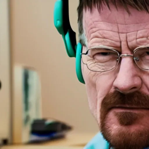 Prompt: close up, cropped award winning photo of walter white wearing pink headphones and sitting at his desk gaming, incredibly detailed, sharp focus, hyper realistic