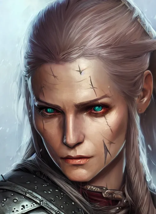 Prompt: female witcher, ultra detailed fantasy, dndbeyond, bright, colourful, realistic, dnd character portrait, full body, pathfinder, pinterest, art by ralph horsley, dnd, rpg, lotr game design fanart by concept art, behance hd, artstation, deviantart, hdr render in unreal engine 5