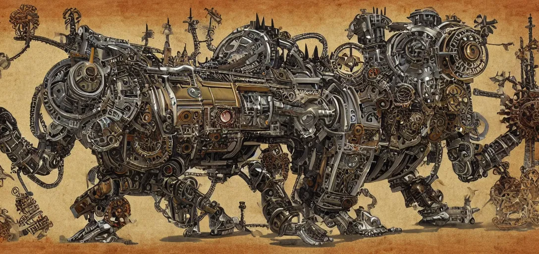 Image similar to mechagodzilla, steampunk automaton, mechanical, medieval style fresco, mutant, detiled, clockwork, 4 k, fineart, anatomy of a machine, manuscript