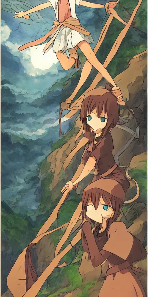 Image similar to a hermit on a mountain with a lamp drawn like Watamote anime, full color, tarot card The hermit,