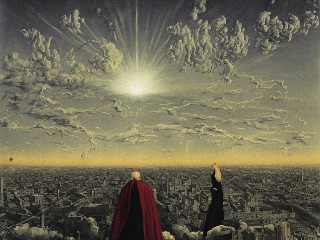 Image similar to albino mystic, with his back turned, looking at a atomic explosion over a city in the distance. Painting by Jan van Eyck, Audubon, Rene Magritte, Agnes Pelton, Max Ernst, Walton Ford