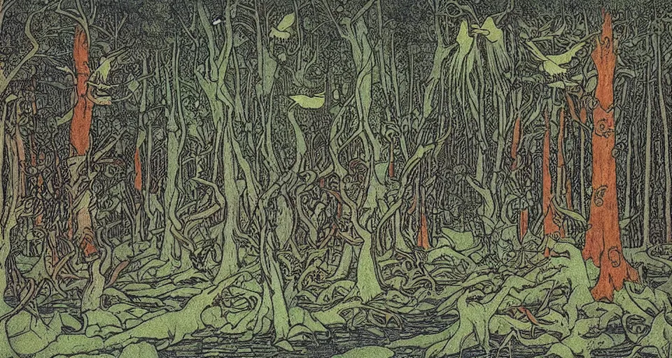 Prompt: A dense and dark enchanted forest with a swamp, by Ivan Bilibin,