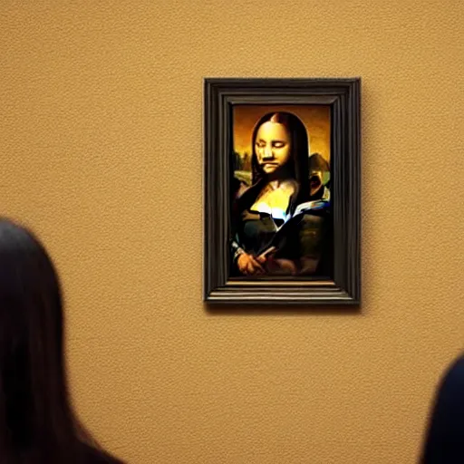 Image similar to an photo of monalisa watching her self in her monalisa painting