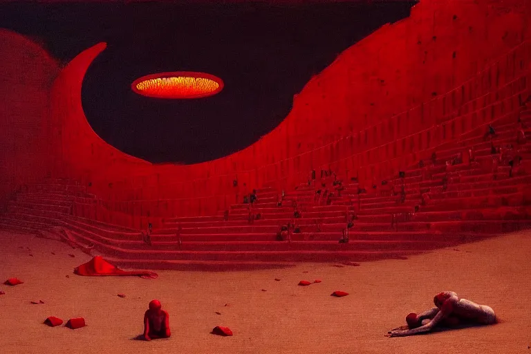 Image similar to only with red, a red melted emperor, taormina amphitheatre, crowd hails him, in the style of beksinski, parts by edward hopper, parts by rodcenko, parts by yue minjun, intricate and epic composition, red by caravaggio, insanely quality, highly detailed, masterpiece, red light, artstation, 4 k