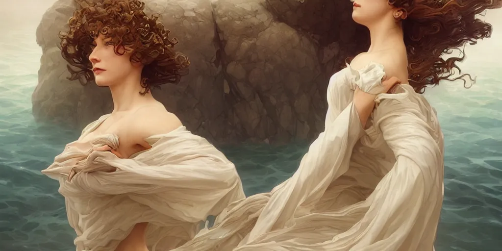 Image similar to inside the curl of a wave, elegant, highly detailed, digital painting, artstation, concept art, smooth, sharp focus, illustration, ArtStation, art by artgerm and greg rutkowski and alphonse mucha and J. C. Leyendecker and Edmund Blair Leighton and Charlie Bowater