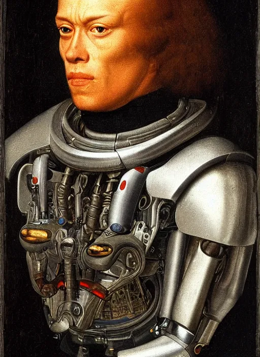 Image similar to a portrait of the Terminator by Jan van Eyck