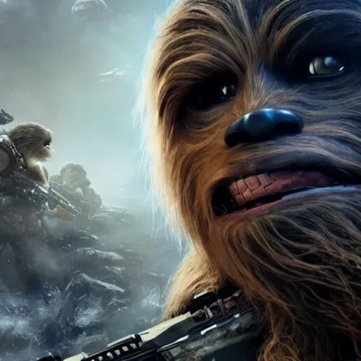 Image similar to chewbacca in gears of war gears of war, splash art, movie still, detailed face, photorealistic facial features, cinematic lighting, dramatic, octane render, long lens, shallow depth of field, bokeh, anamorphic lens flare, 8 k, hyper detailed, 3 5 mm film grain