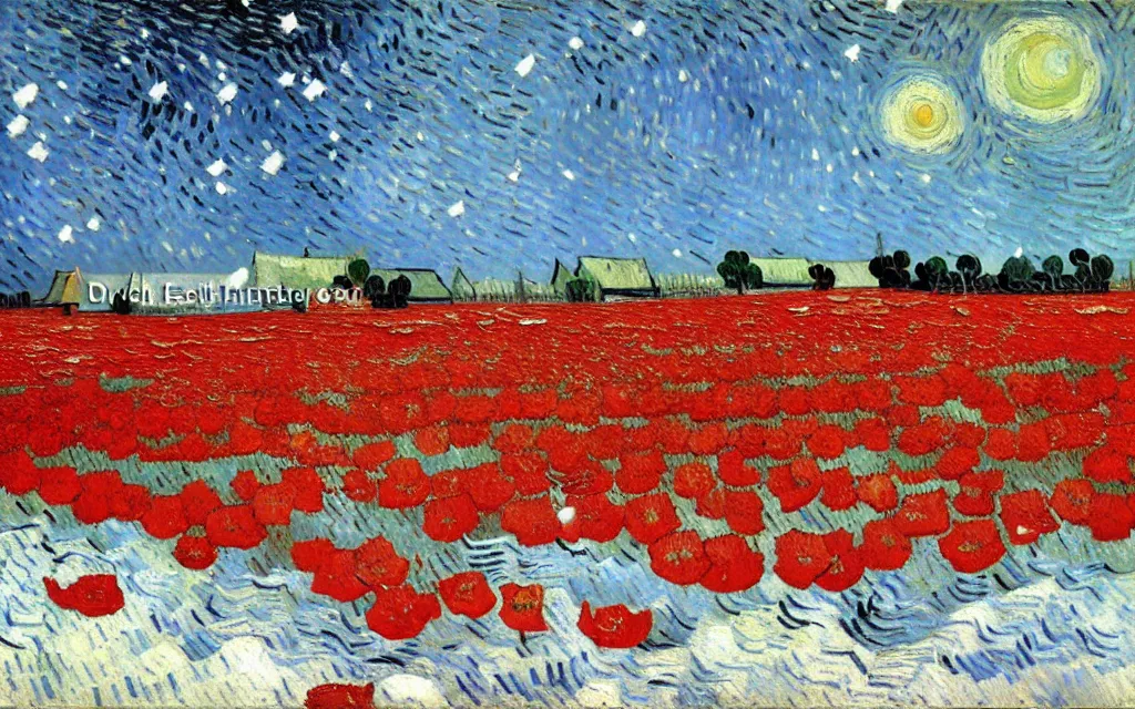 Image similar to detailed expressionist oil painting by van gogh of a snowy field in winter, falling snow on a field with scattered red poppies, winter landscape painting, silent snowfall, expressionism, 8 k resolution, smooth, sharp focus, matte painting