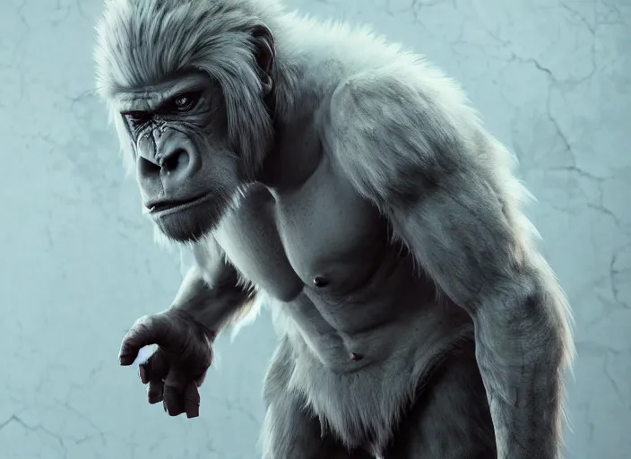 Image similar to extremely scary angry old tough rough looking albino warrior gorilla. scars, scary, gruffness, interesting 3 d character concept by square enix, in the style of league of legends, hyper detailed, cinematic, final fantasy, character concept, ray tracing, fur details, maya, c 4 d, artstation