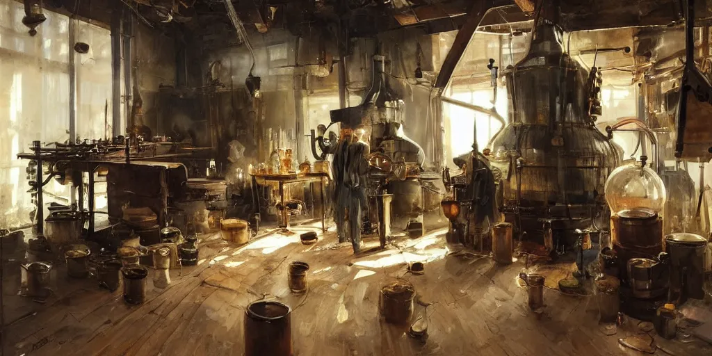 Image similar to simple woodsman brewing moonshine in copper stills in their well lit clean open workshop, art by anders zorn, wonderful masterpiece by greg rutkowski, beautiful cinematic light, american romanticism thomas lawrence, greg rutkowski