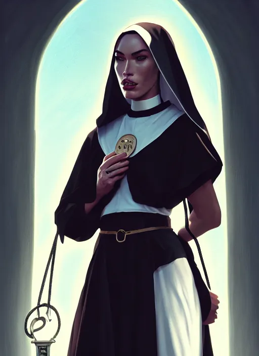 Prompt: portrait of megan fox as a evil nun with collar and leash, catholic, church, dark, intricate, headshot, key visual, conceptart, ambient lighting, highly detailed, digital painting, artstation, concept art, sharp focus, by makoto shinkai and akihiko yoshida and greg manchess