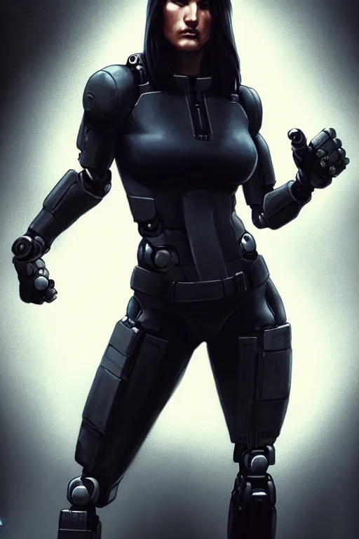 Image similar to gina carano with robotic left arm, casual black clothing, muscular, realistic proportions, casual pose, large portrait, cyberpunk, shadowrun, rpg character, digital painting, artstation, concept art, smooth, 8 k frostbite 3 engine, ultra detailed, art by artgerm and greg rutkowski and magali villeneuve