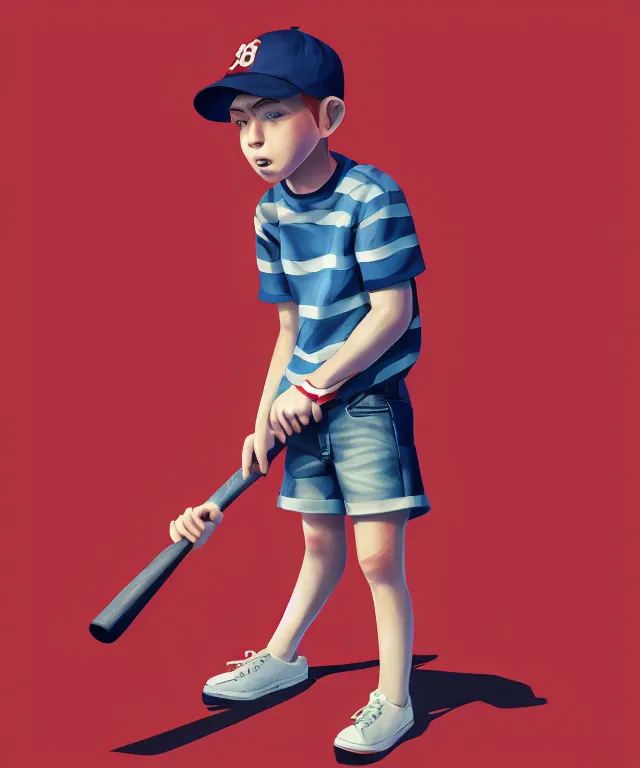 Image similar to a young boy wearing a horizontal striped shirt and a red baseball cap and jean shorts, holding a baseball bat, centered composition, digital painting, artstation, concept art, sharp focus, octane render, illustration, art by james jean,