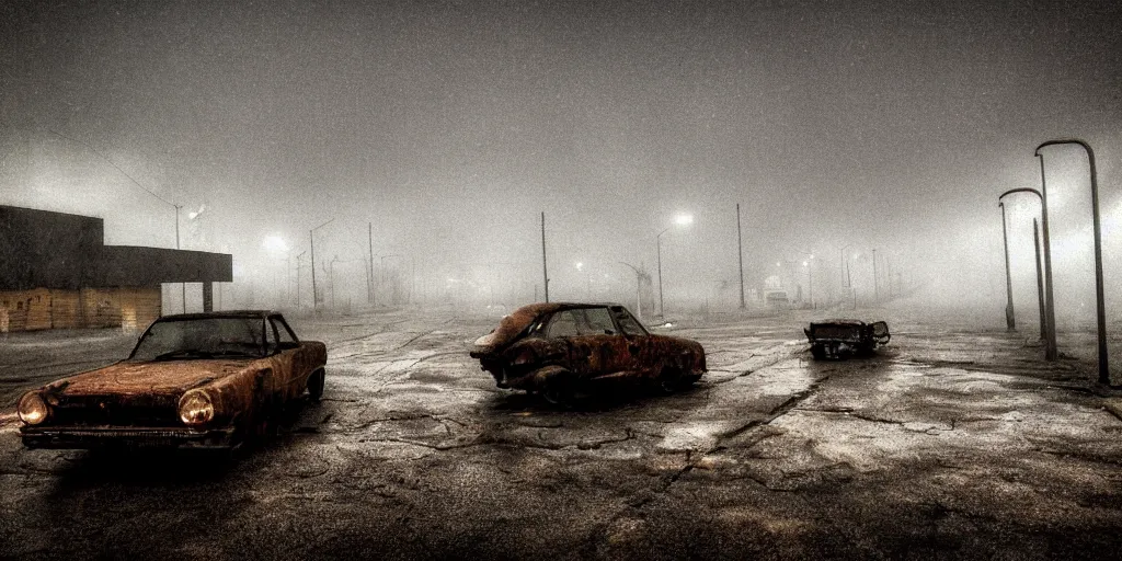 Image similar to silent hill in real life, desolate town, empty streets, nightmarish, some rusted retro futuristic parked cars, overcast, blankets of fog pockets, rain, volumetric lighting, beautiful, night time, autumn, sharp focus, ultra detailed, cgsociety